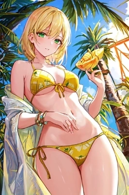 🍍を食べようとしている🍍柄の黄色いビキニを着ているショートヘアの金髪碧眼の美女