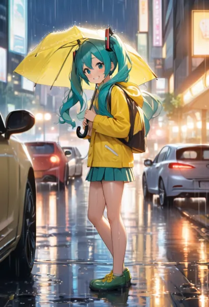 雨の情景　黄色い傘の少女