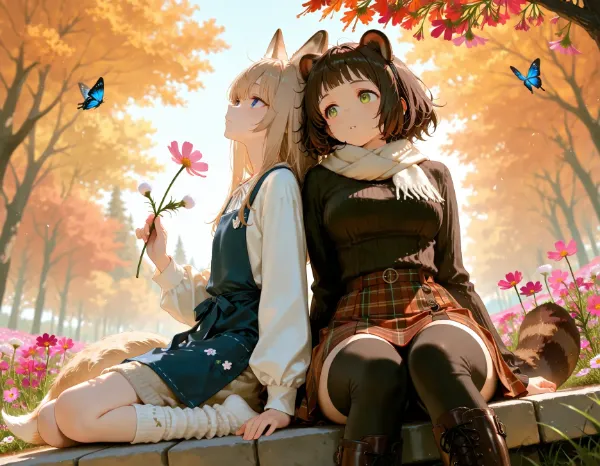 コン子とポン子・コスモスのお花畑