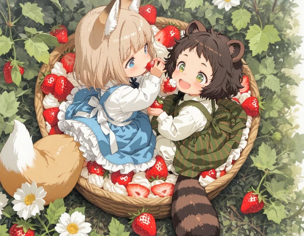 コン子とポン子・森でイチゴを食べた