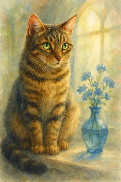 窓辺の忘れな草と猫の秘密