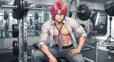 ジムでくつろぐ赤髪の筋肉質男性