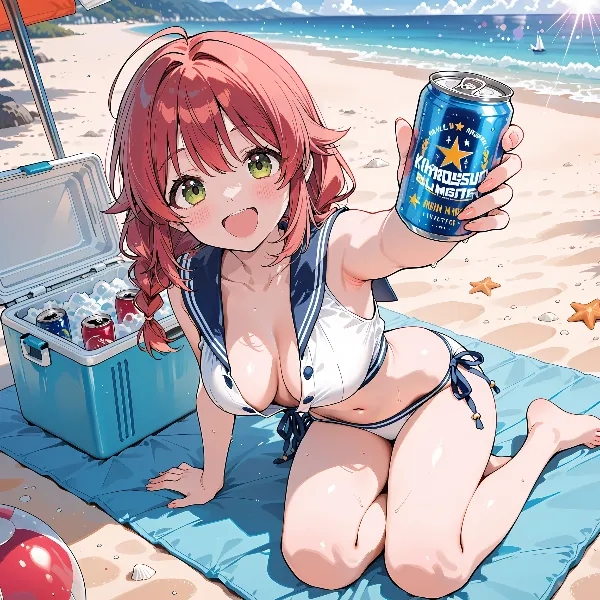 ビーチで乾杯する赤髪の少女