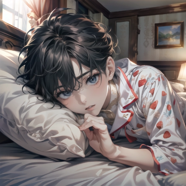 いちご柄のパジャマを着た少年