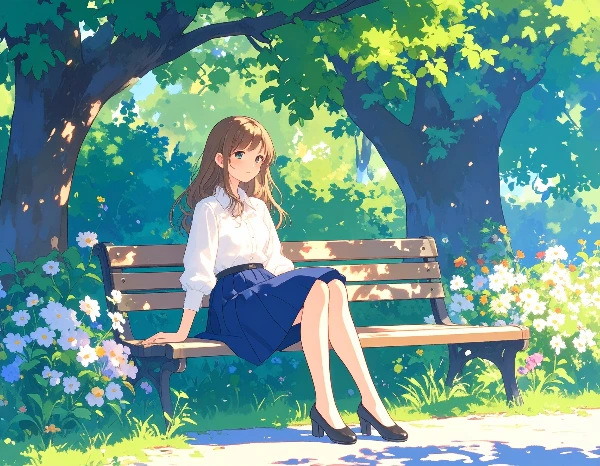 公園のベンチの女性 F-1