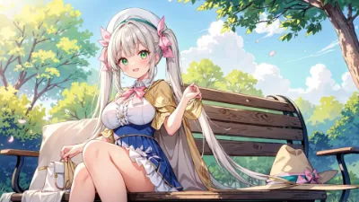 公園のベンチで微笑む銀髪の少女