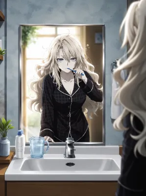 朝の支度で歯磨きするクリームヒルトさん