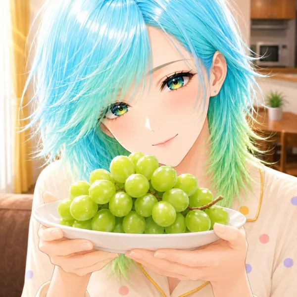 ぶどうを持つ青髪の少女