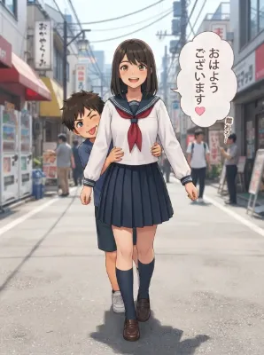 繁華街を歩く姉弟