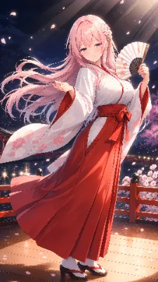 夜桜の舞台で扇をひらいて