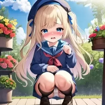 制服姿でおもらしする金髪少女