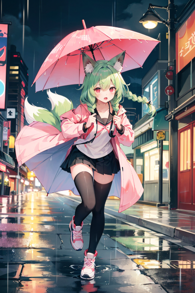 雨の中を傘をさして走る少女