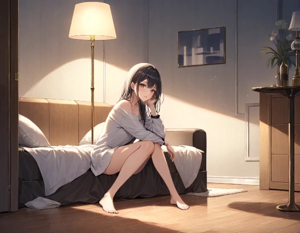 部屋の灯りに寄り添う少女