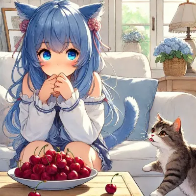 ねこちゃんがサクランボを狙っているにゃ！