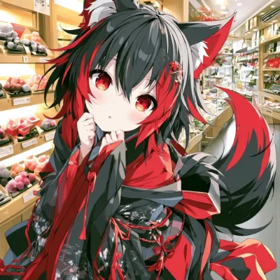 和菓子屋で微笑む赤狐の少女
