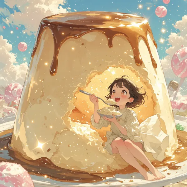 巨大プリンの中の甘い冒険
