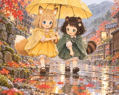 【コン子とポン子】 秋雨と落ち葉の飾り