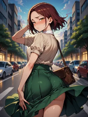 夕暮れの街角、風に翻る主婦のスカート