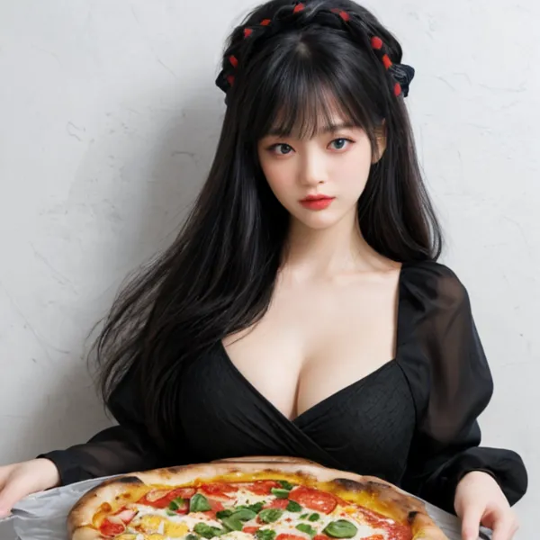 ピザを持つ黒髪美女(あくまでもピザが主役)