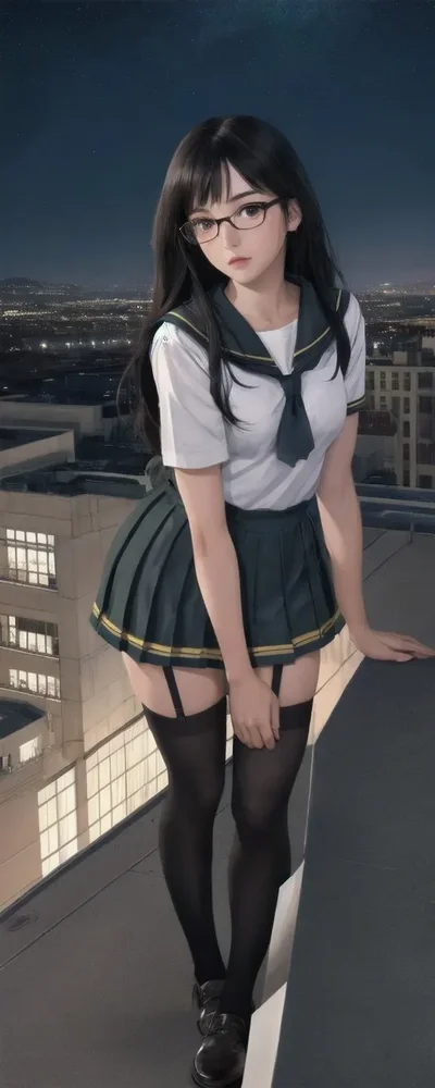 星空の屋上で見つめる制服の少女