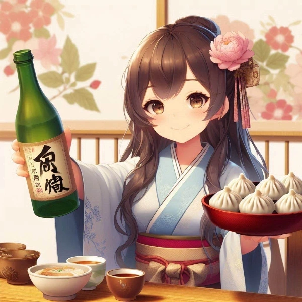 和菓子とお酒を持ってくる女性