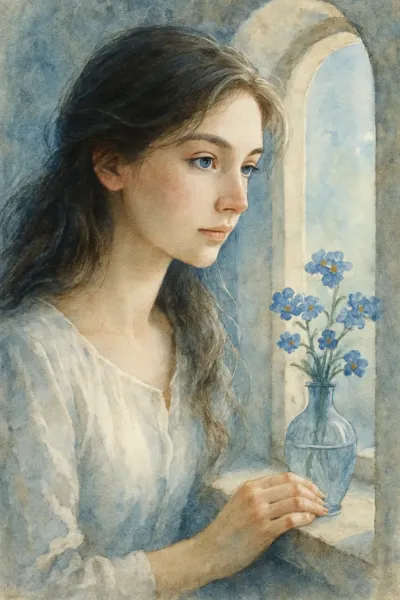 窓辺の青い花と少女の秘密