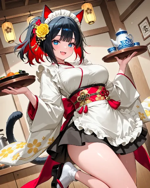 黒×紅の和風メイド猫耳娘が運ぶ、あったかお食事タイム