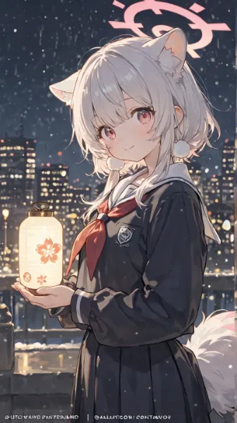 夜の街でランタンを持つ猫耳少女