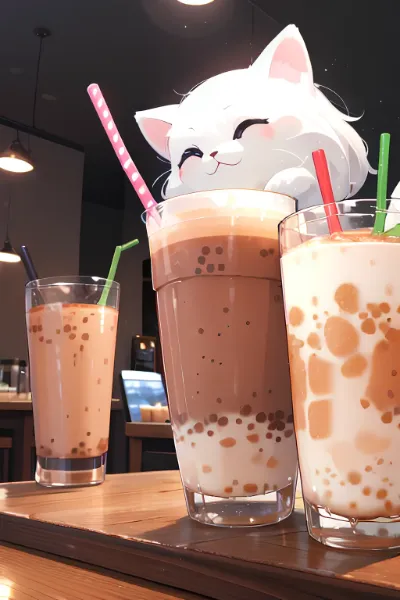 タピオカに夢中な白猫の甘い休日