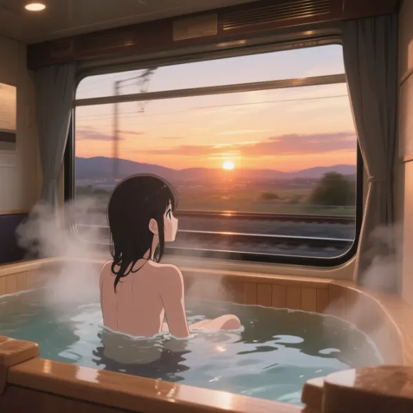 列車の中で温泉気分