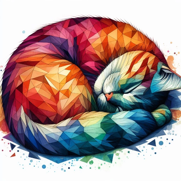 体をまるくして寝ているカラフルでアブストラクトな猫のローポリゴンの水彩