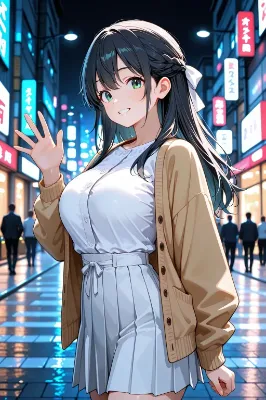 夜の街で手を振る少女