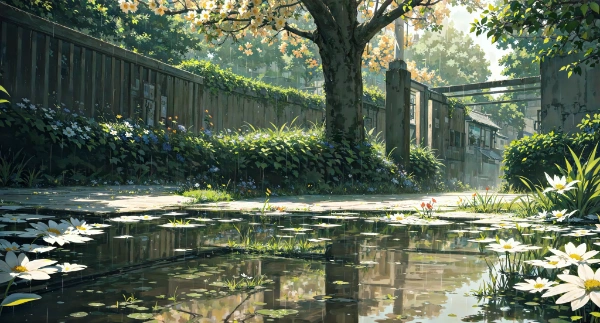 天気雨の庭 (壁紙)