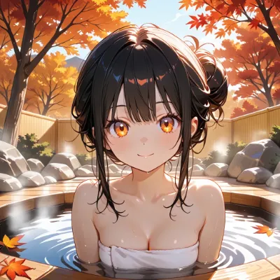 紅葉の湯に微笑む黒髪少女