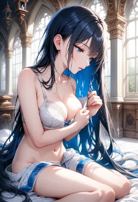 朝の光に染まる黒髪の美女