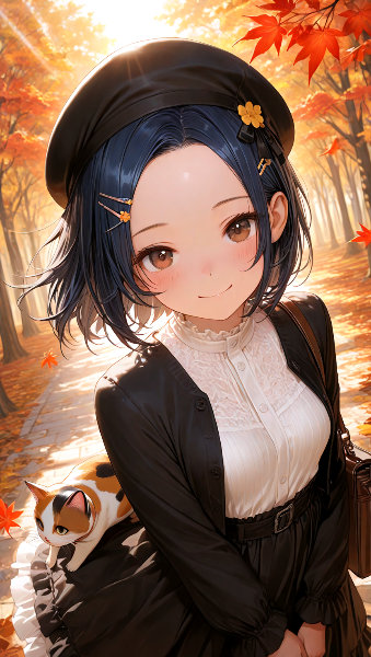 秋の小道で出会った猫と少女の冒険