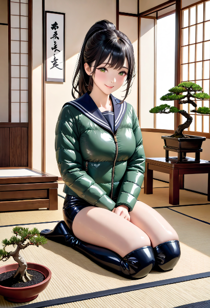 盆栽と、ニーハイブーツで正座するJK on畳