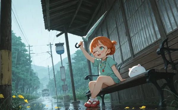 雨のバス停で