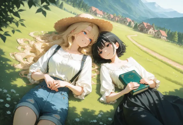 黒髪＆ブロンド・草原の午後に交わす秘密の物語