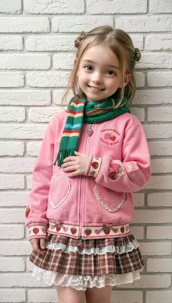 イチゴ柄フリースジャケットとマフラーのコーデ