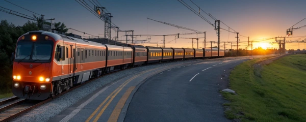 夕日を背に走る夜行列車