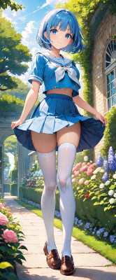 お庭を散策する青髪さん