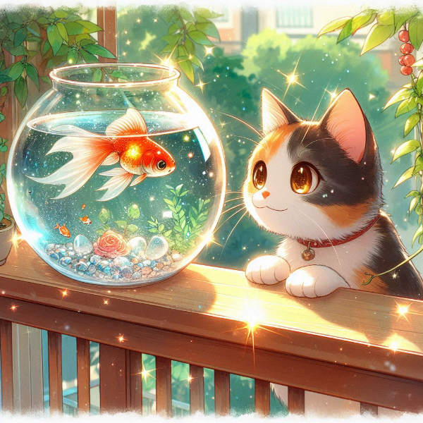 金魚鉢と三毛猫ちゃん