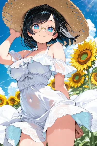 夏のひまわり畑で微笑む少女