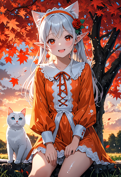 秋の夕暮れに微笑む猫耳エルフ