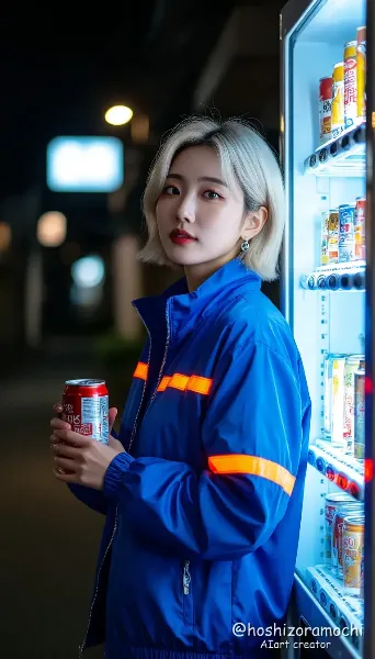 サファイア・ナイロン、夜の自販機横 - Sapphire Nylon, next to a vending machine at night