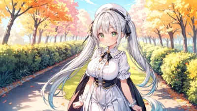 紅葉の小道で微笑む銀髪の少女