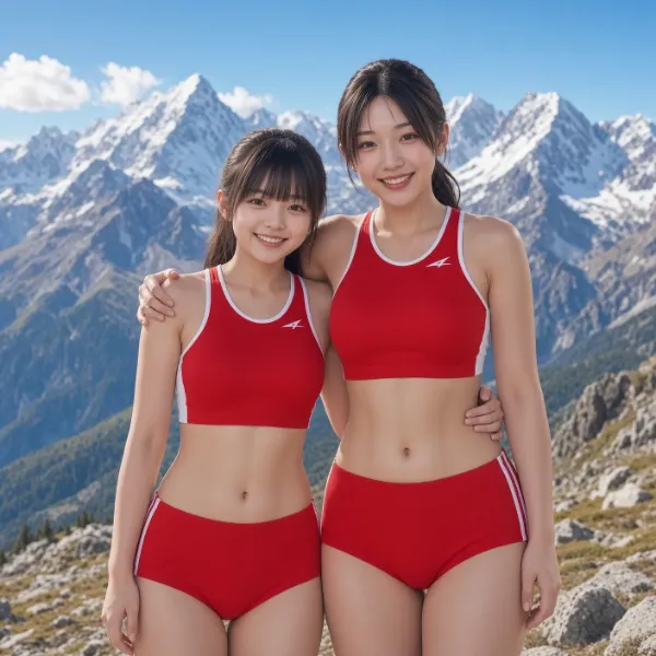 雪山に立つ赤いアスリート
