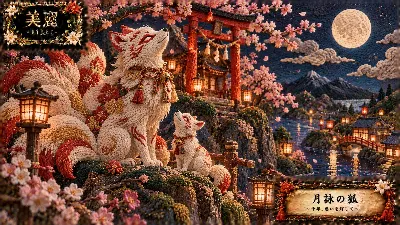 月夜に祈りを捧げる白狐の親子