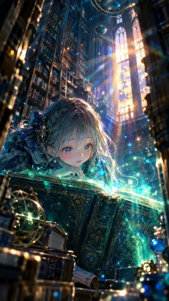 魔法の古書を開く少女｜大図書館に差し込む光と光粒舞う幻想ファンタジー